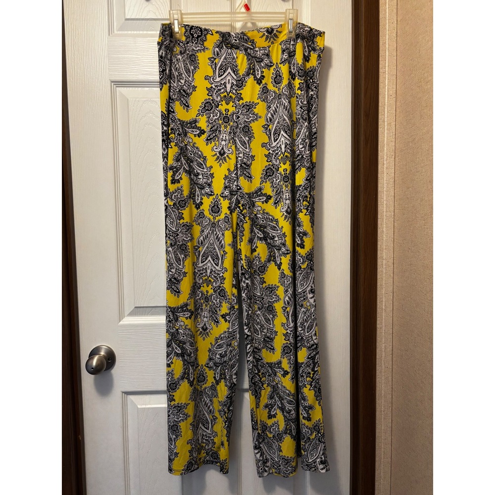 Cato Womens Yellow Black Paisley Wide Leg Stretch Knit Pull On Pants 14/16W